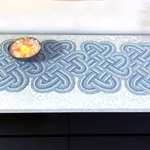 Handmade aqua blue celtic knot, hand beaded table runner