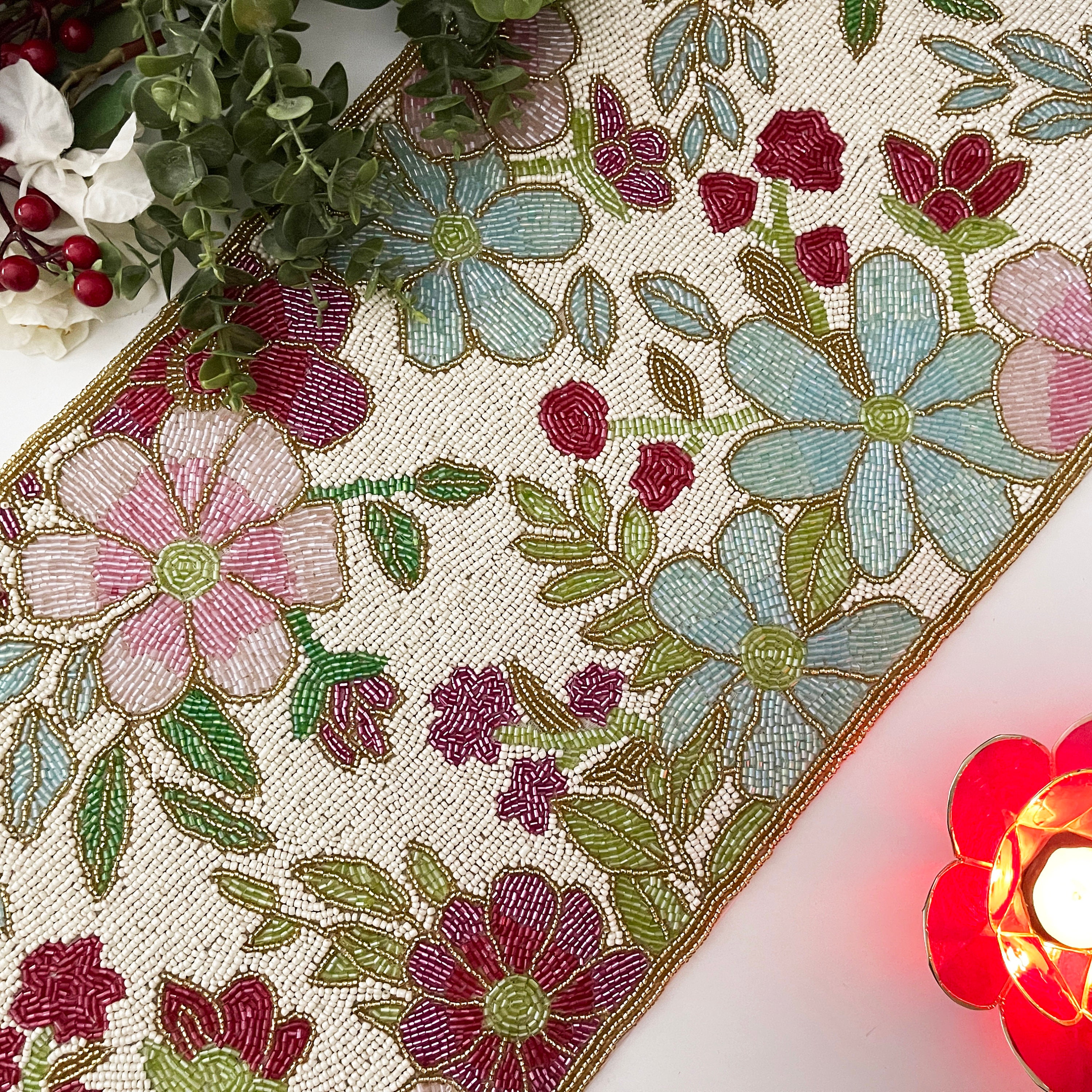 Table Runner Spring Style Floral Spring Table Runner, Handmade Beaded, 13x36inch, Multicolour - Etsy
