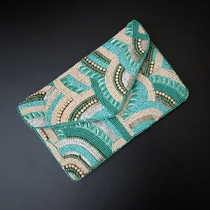 Beaded handmade clutch bag, teal, party bag with string, Gift for her