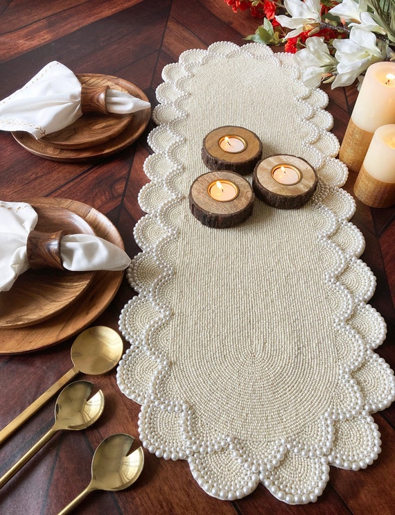Handmade beaded table runner, pearl white, wedding table runner