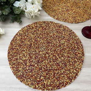 Handmade placemat, beaded round table placemat, mixed beads, 14 inch
