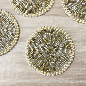 Coasters set of 6, drink coasters, gold silver and white beaded coasters, gift for her, housewarming gift image 3