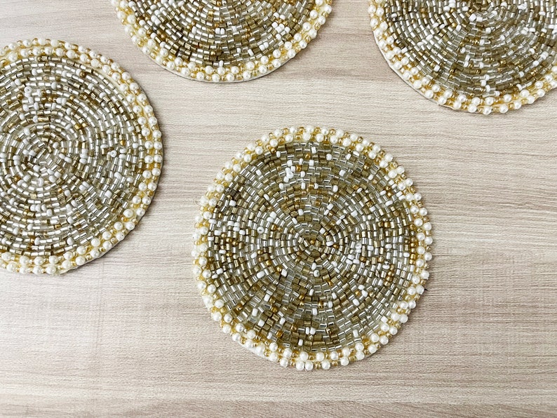 Coasters set of 6, drink coasters, gold silver and white beaded coasters, gift for her, housewarming gift image 3