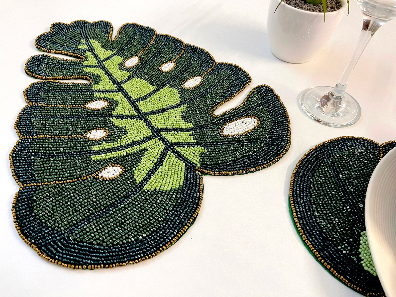 Buy Handmade Beaded Placemat Leaf Tablemat 14 Inch Green Bead Online in