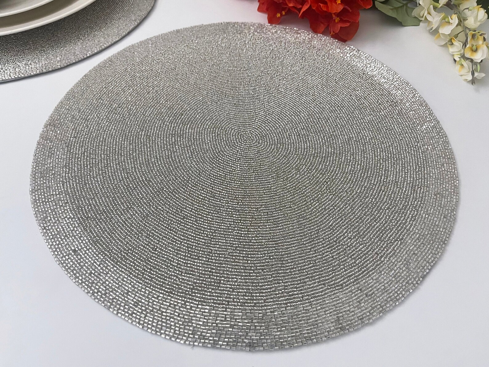 Luxury beaded placemat tablemats Silver small beads charger Etsy