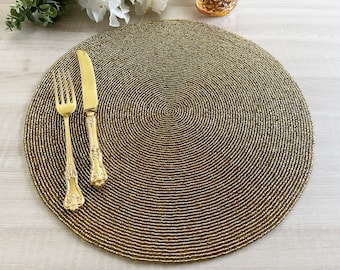 Set of 6, Handmade beaded placemat, beaded table mat, gold (more colour options available)