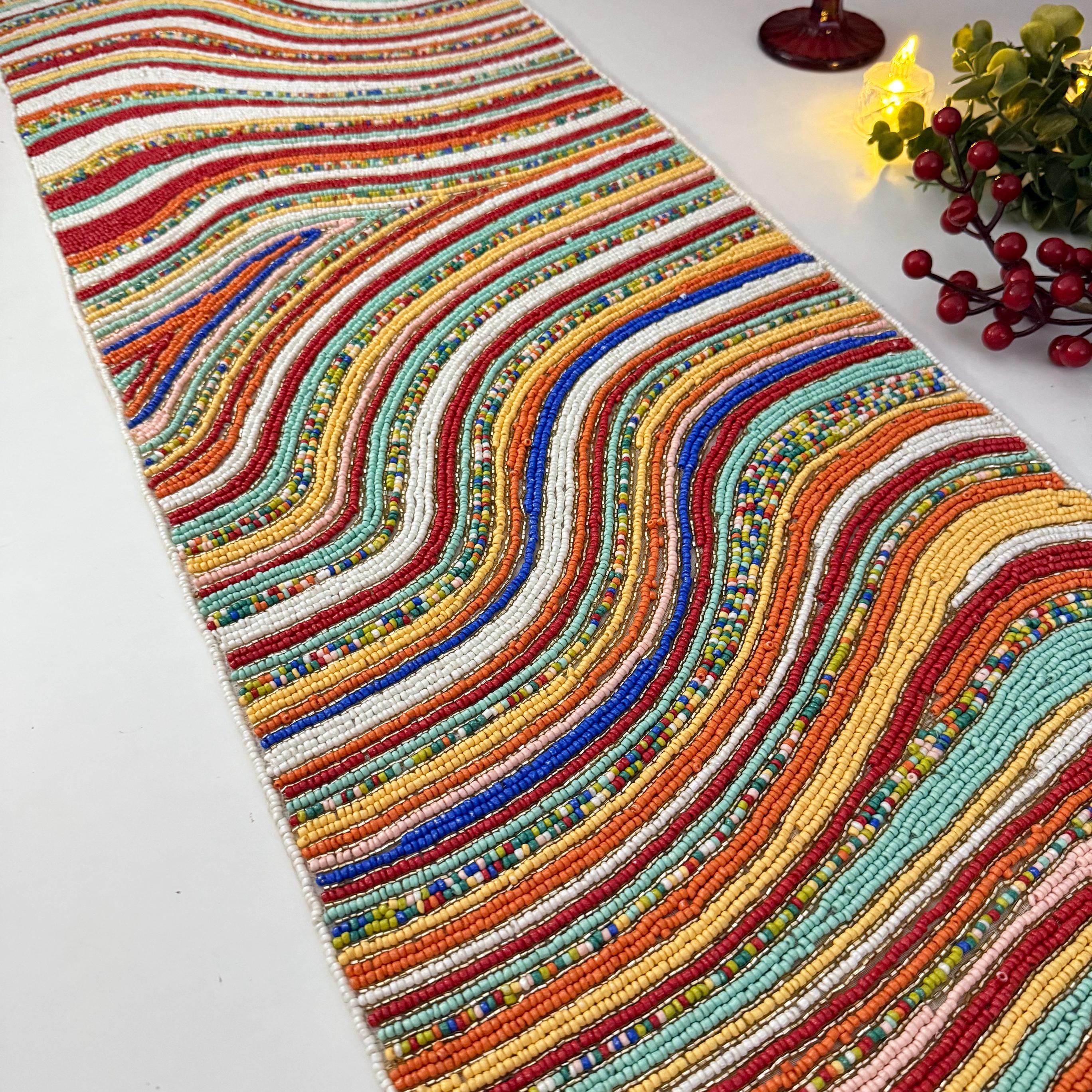 Handmade Christmas Multicolour Table Runner, Beaded Runner, 13x36inch ...