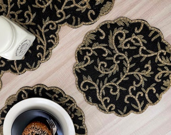 Handmade Beaded Placemat: Black & Gold Table Decor (14 inch)