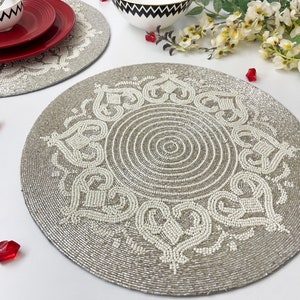 Luxury beaded placemat, tablemat, 14 inch, white gold charger, spring placemat