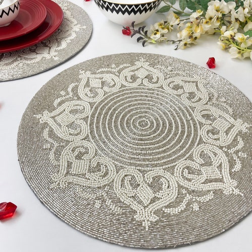 Luxury Handmade Beaded Placemat Blue Tablemat 14 Inch Bead Etsy