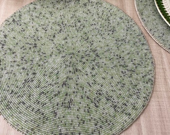 Set of 6, Handmade placemat, beaded round table placemat, green melange, 14 inch