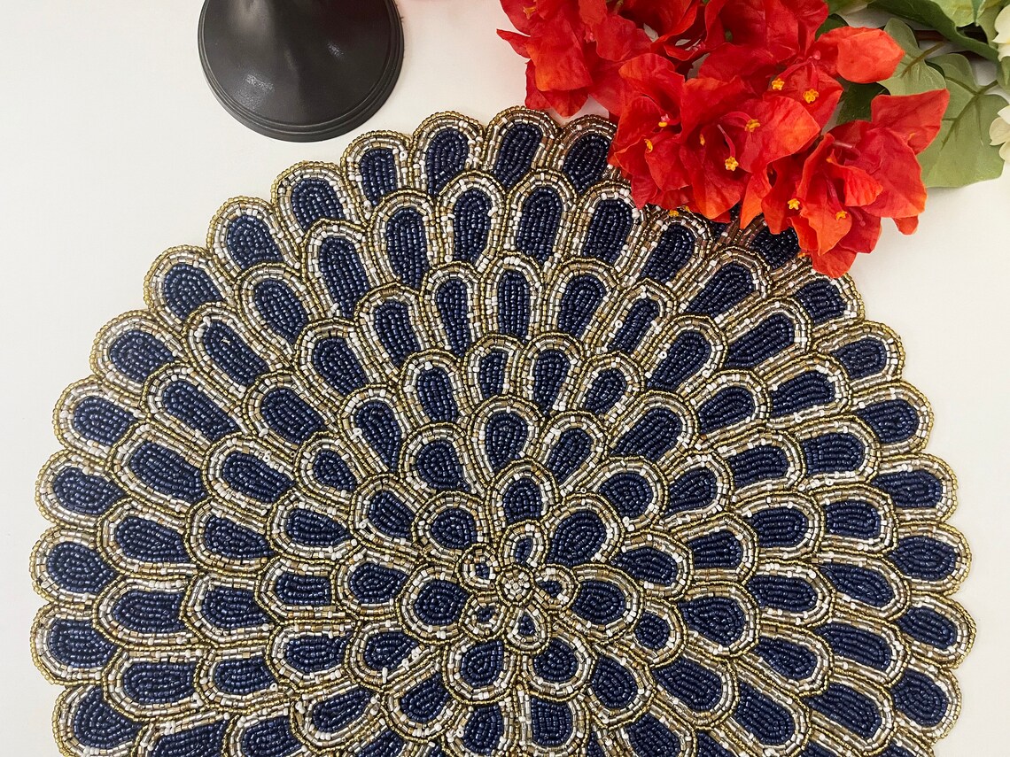 Handmade placemat beaded round table runner Navy blue gold Etsy