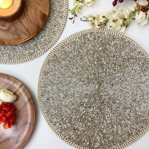 Handmade beaded placemat, beaded table mat, gold and white melange