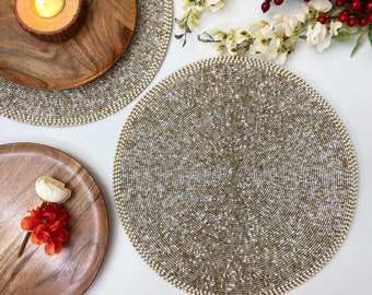 Handmade beaded placemat, beaded table mat, gold and silver melange