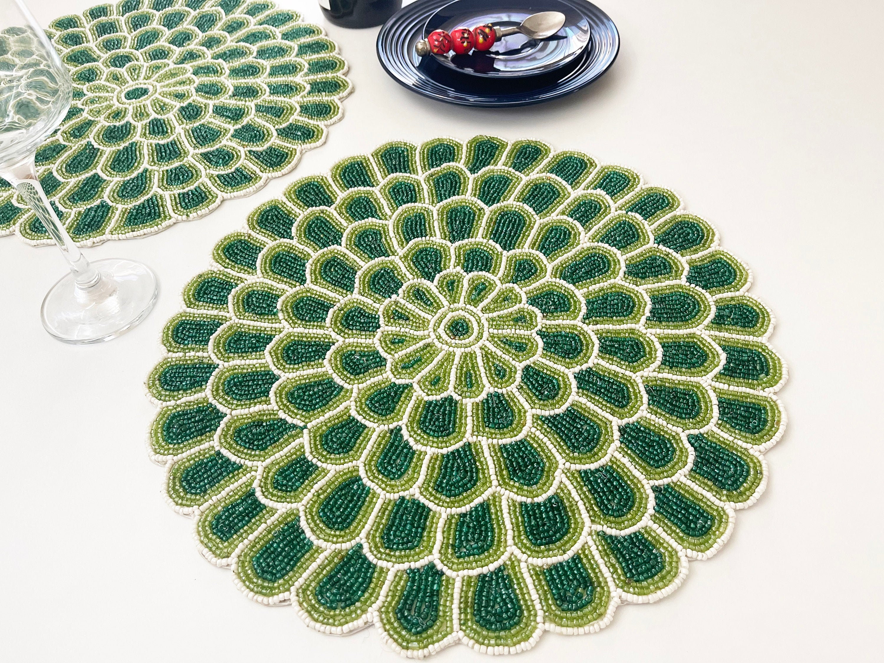 Handmade Beaded Placemat Tablemat 14 Inch Green Bead Etsy UK