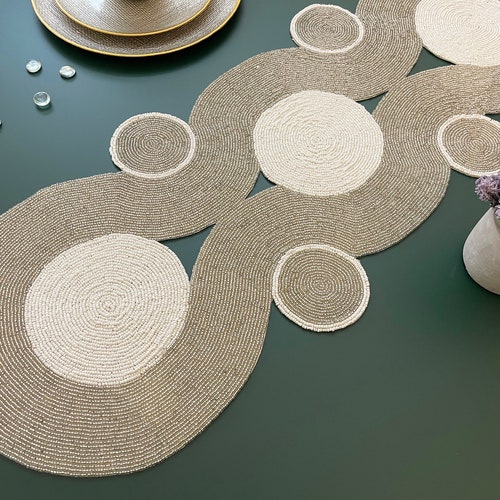 Handmade Table Runner Beaded Table Runner Silver and White Etsy