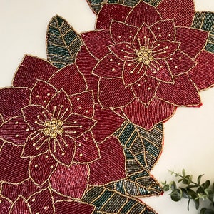 Christmas Handmade Table Runner, Floral Beaded Poinsettia Runner ...