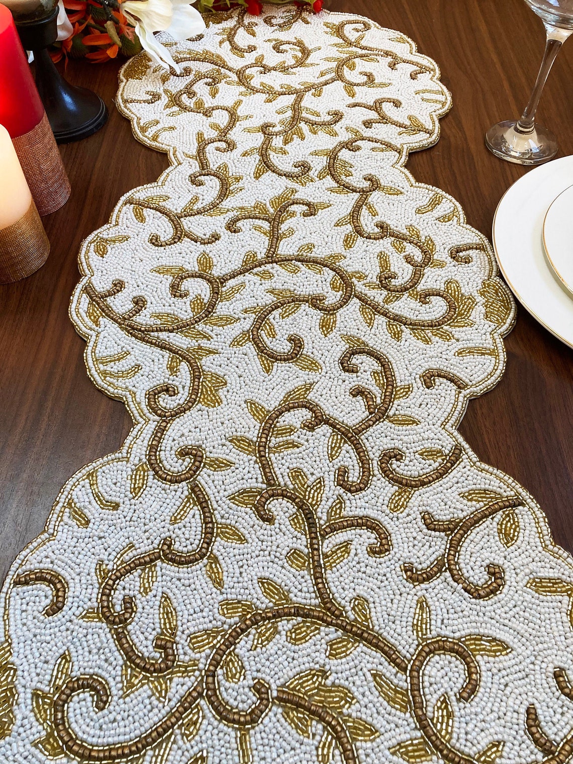 Handmade Table Runner Beaded Table Runner Floral Design Etsy