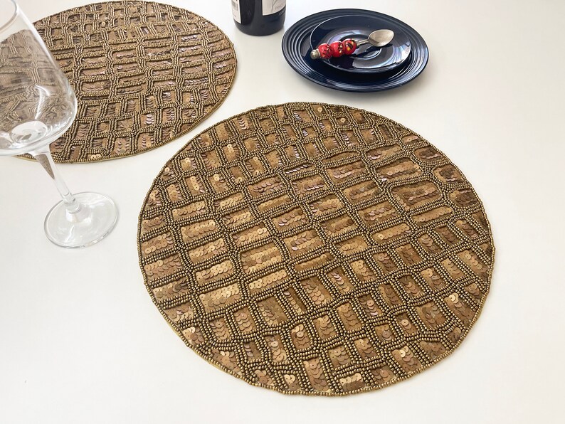 Handmade Beaded Sequin Placemat Tablemat 14 Inch Golden Etsy