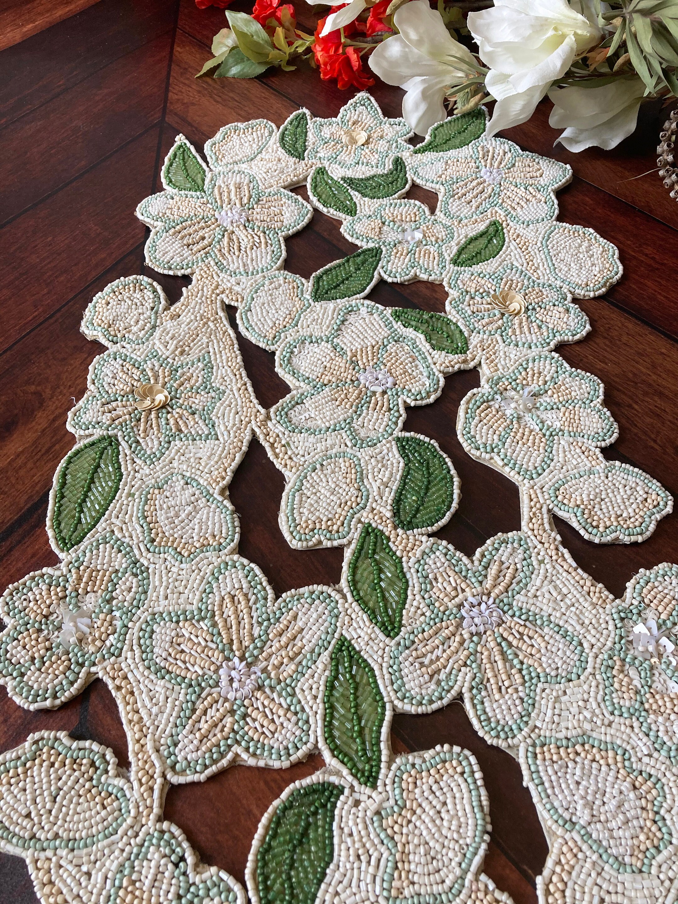 Handmade table runner beaded runner floral cutwork bead Etsy