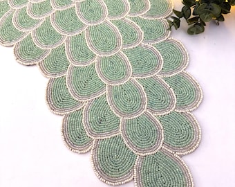 Handmade bead table runner, floral beaded runner, sage green, 13x36inch