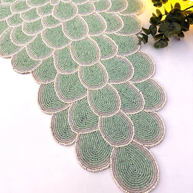 Handmade Bead Table Runner, Floral Beaded Runner, Sage Green, 13x36inch ...