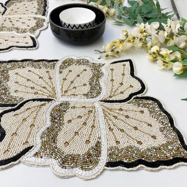 Handmade beaded placemat, tablemat, 14 inch, white gold black charger