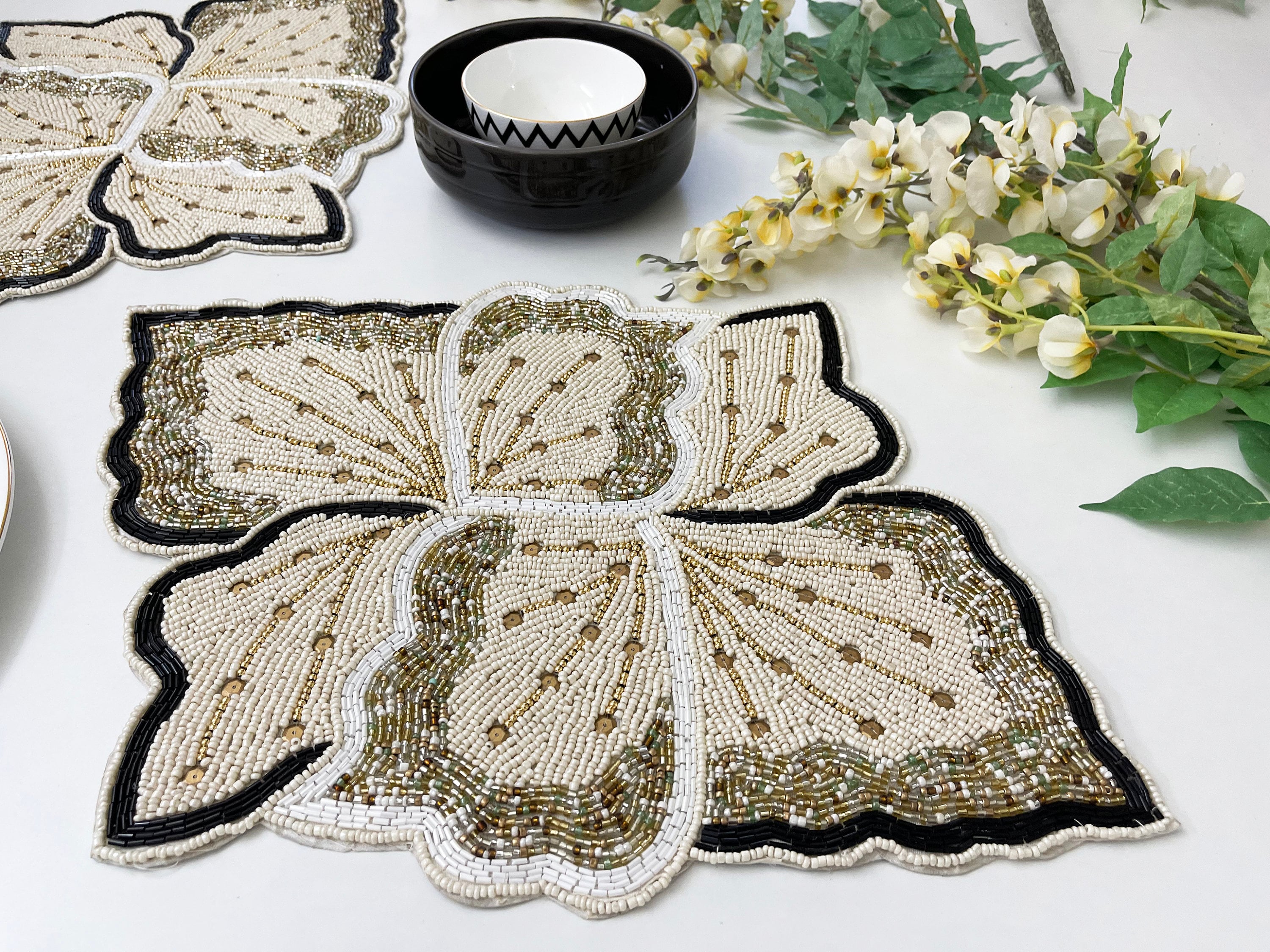 Handmade Beaded Placemat Tablemat 14 Inch White Gold Black Etsy