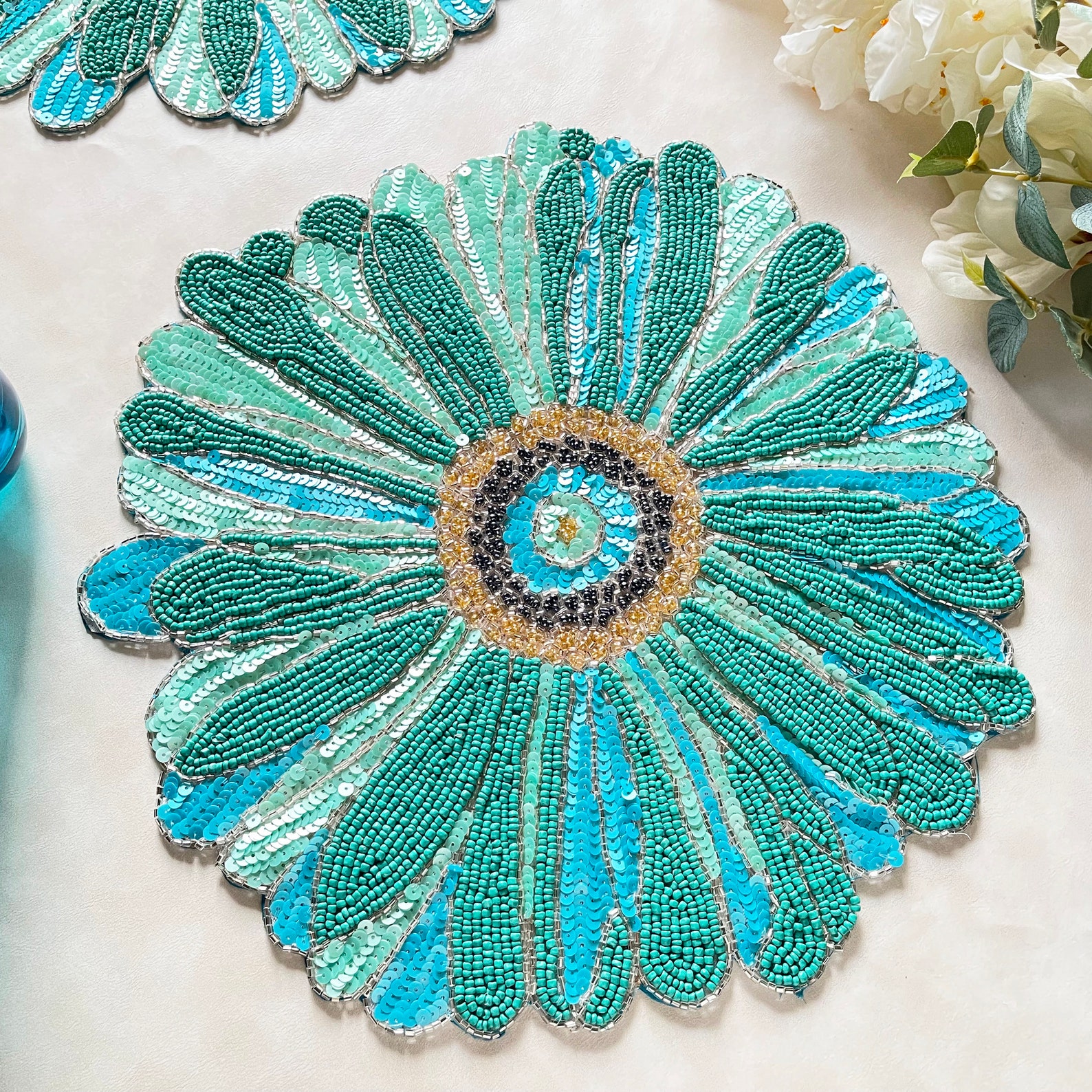 Handmade Beaded Placemat Floral Tablemat 14 Inch Charger Etsy