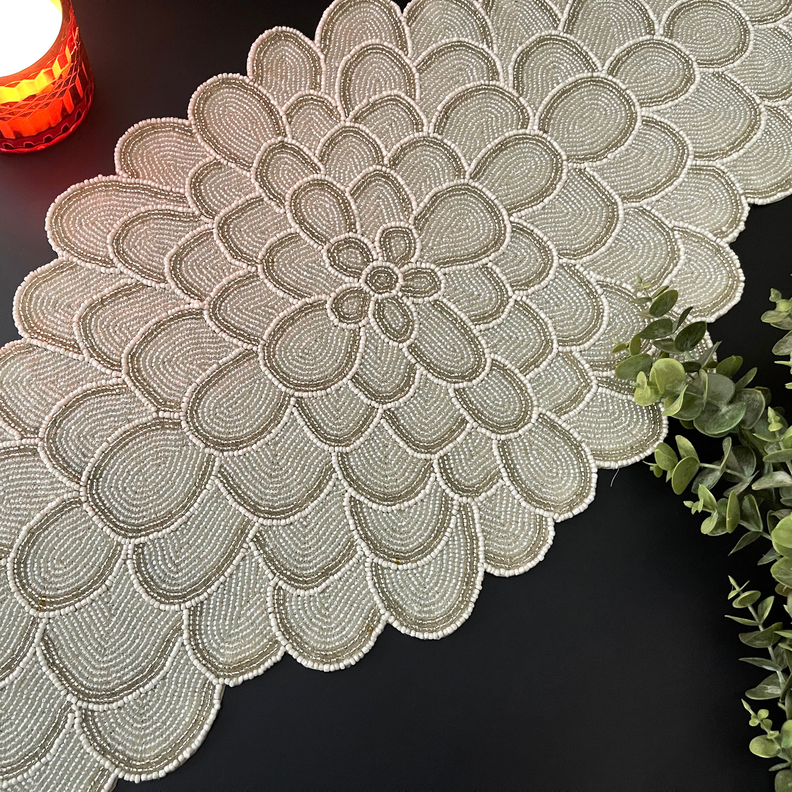 Handmade Bead Table Runner, Floral Beaded Runner, Silver and White ...