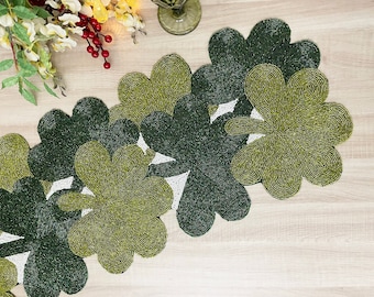 Handmade table runner, Clover Leaf / Shamrock hand beaded runner, Green 13x36inch