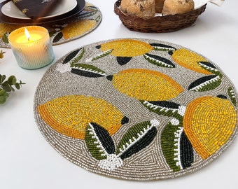 Handmade beaded placemat, table decoration, beaded tablemat, lemon and leaves