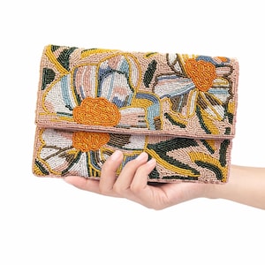 Bolso clutch con cuentas hecho a mano, estampado floral melocotón, verde y amarillo, bolso de fiesta con cuerda, regalo para ella