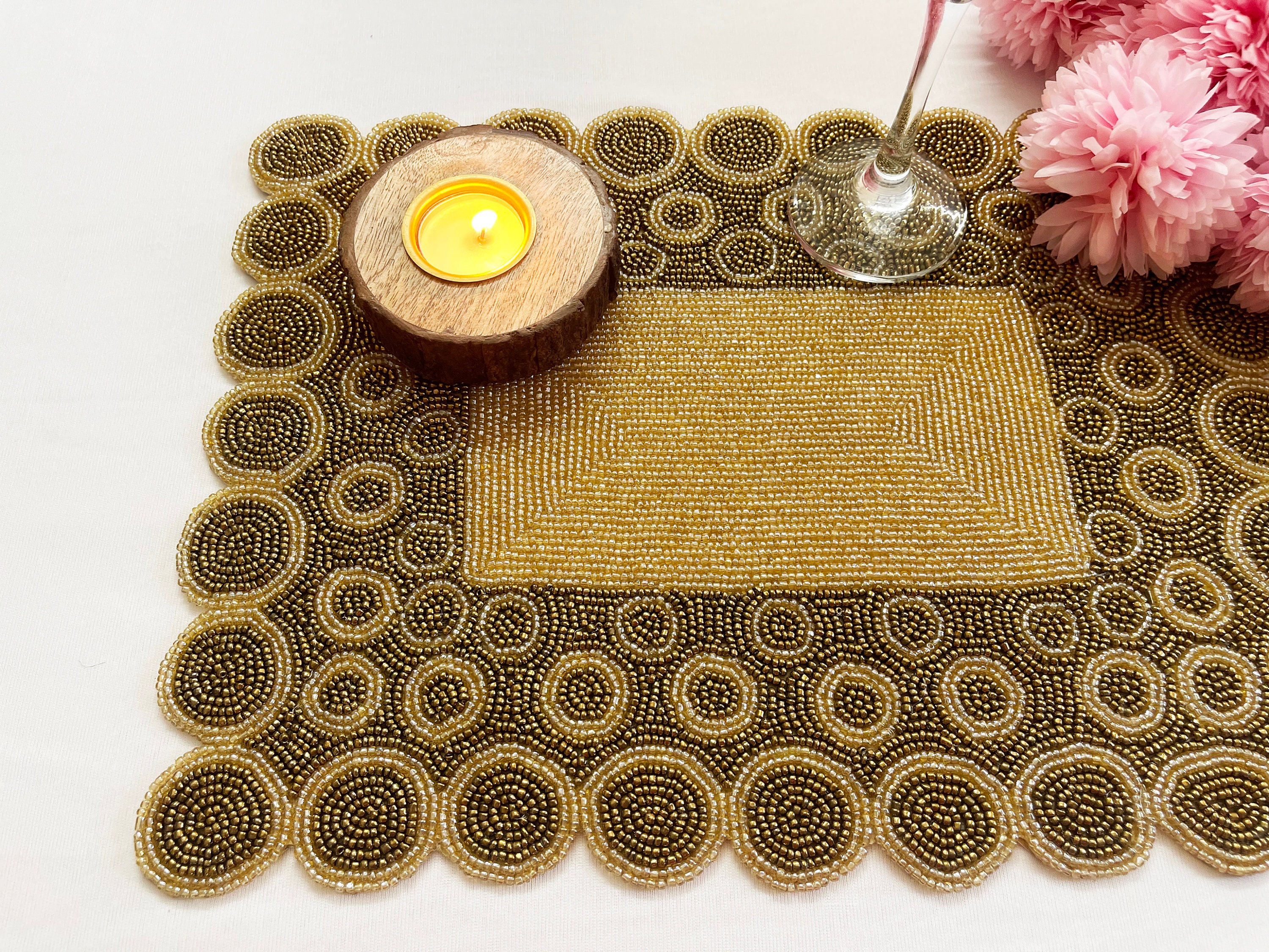 Handmade beaded placemat set of 2 beaded tablemat gold Etsy