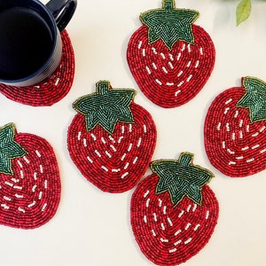 Set of 6 coasters, drink coasters, strawberry beaded coasters, gift for her, housewarming gift image 5