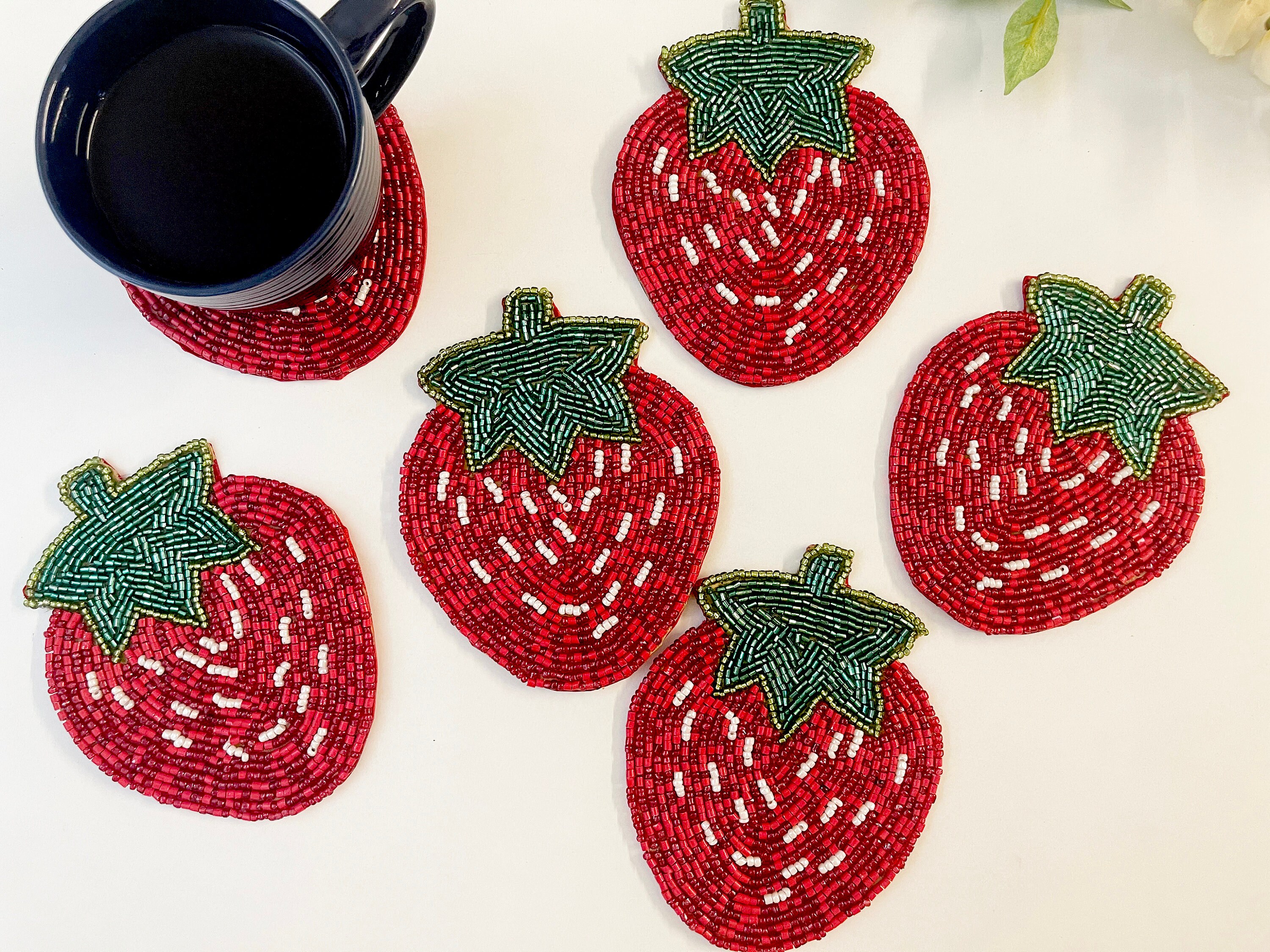 Set of 6 Coasters Drink Coasters Strawberry Beaded Coasters Etsy