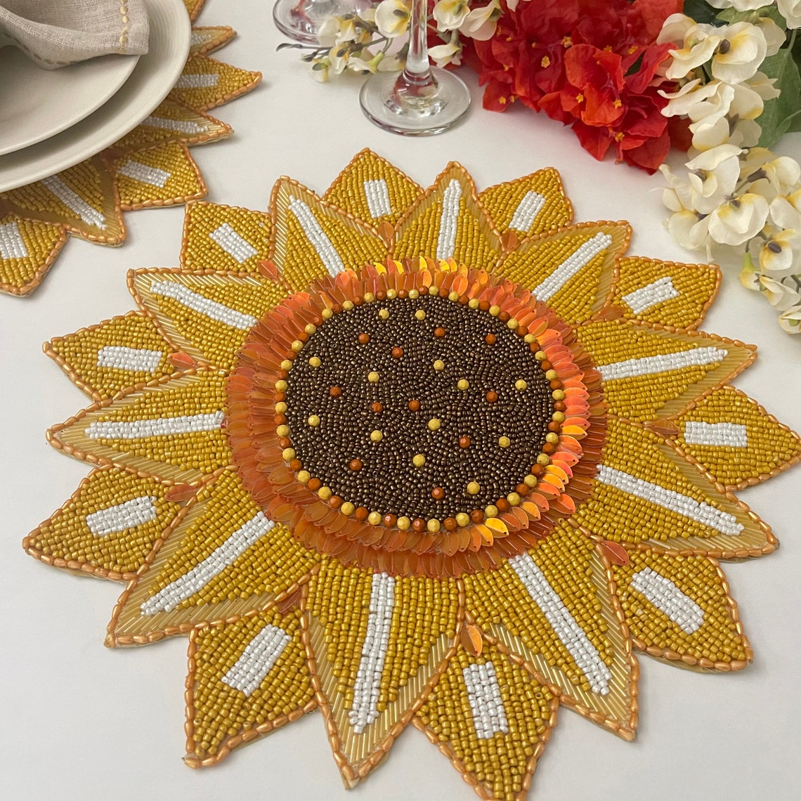 Handmade beaded placemat sunflower tablemat 14 inch charger Etsy