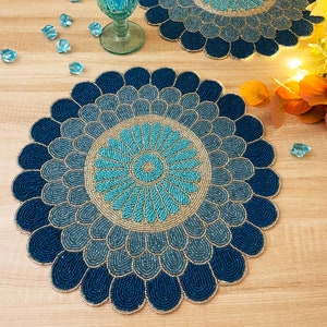 Handmade beaded placemat, floral tablemat blue, 14 inch, charger plate