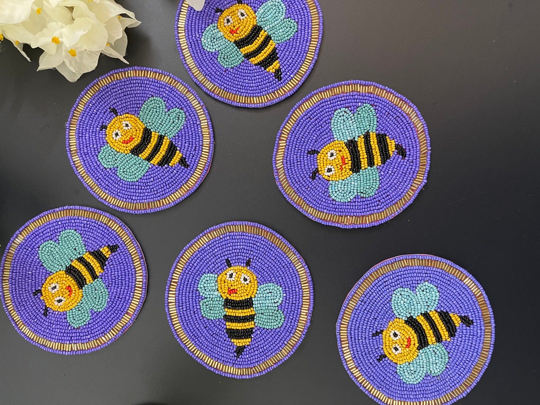 Bee Roler Coster Set of 6 Beaded Bee Coasters: Multicolour Drink Coasters - Etsy