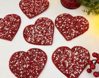 Set of 6 Beaded Heart Coasters, Valentine's Day Gift, Red & White