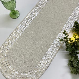 Handmade beaded table runner, pearl white colour with Mother of pearl border, table runner 13x36inch