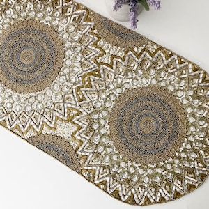 Handmade Beaded Table Runner: Gold Sequin Accent (13x36 inch)