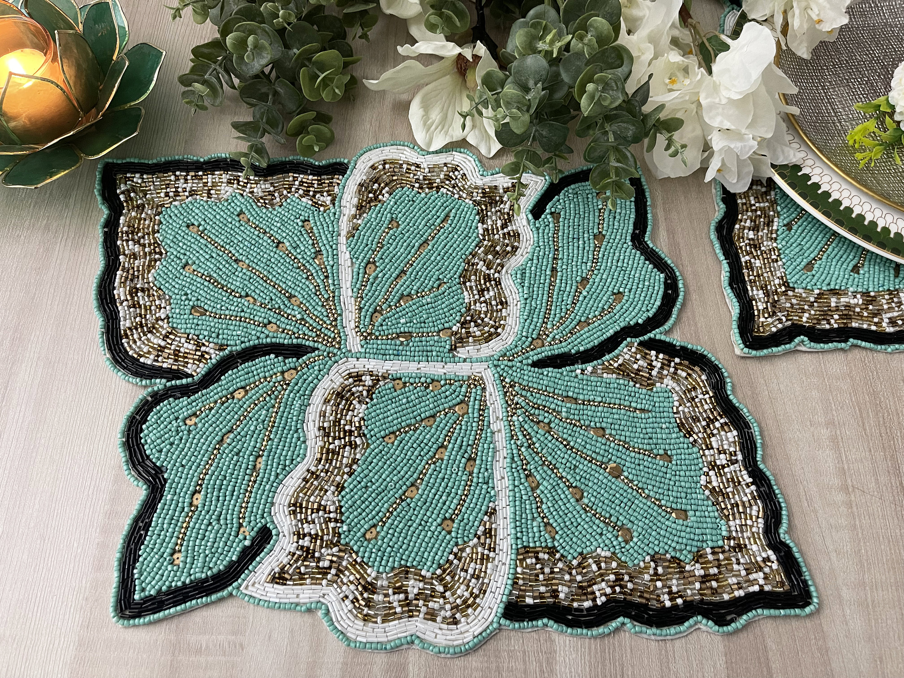 Handmade beaded placemat, tablemat, aquamarine green, gold