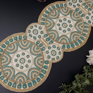 Handmade bead table runner, teal and white geometrical beaded runner 13x36 inch