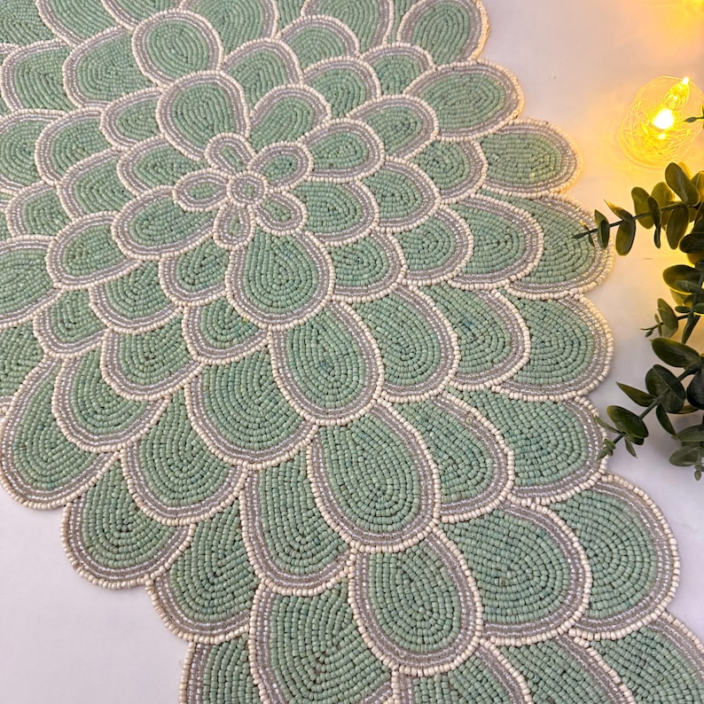 Handmade Bead Table Runner, Floral Beaded Runner, Sage Green, 13x36inch ...