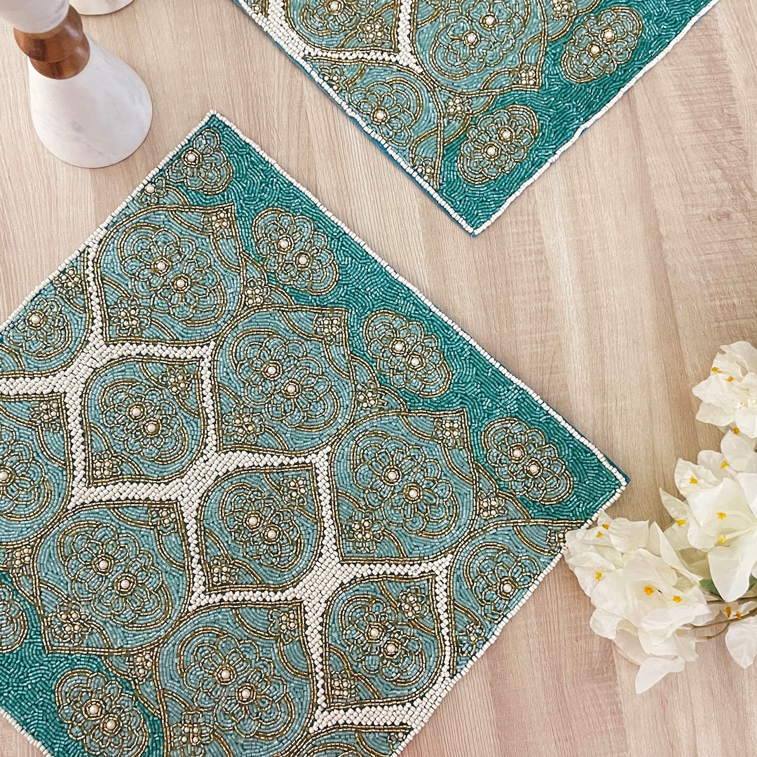Luxury Handmade Bead Placemat Beaded Tablemat Teal Light Etsy