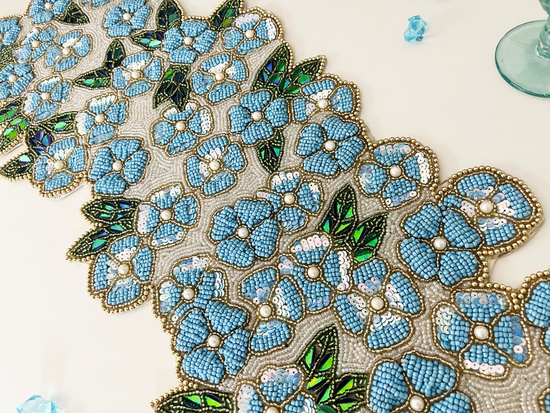 Handmade Beaded Spring Table Runner, Blue Flowers Bed, 12.5x35inch Etsy