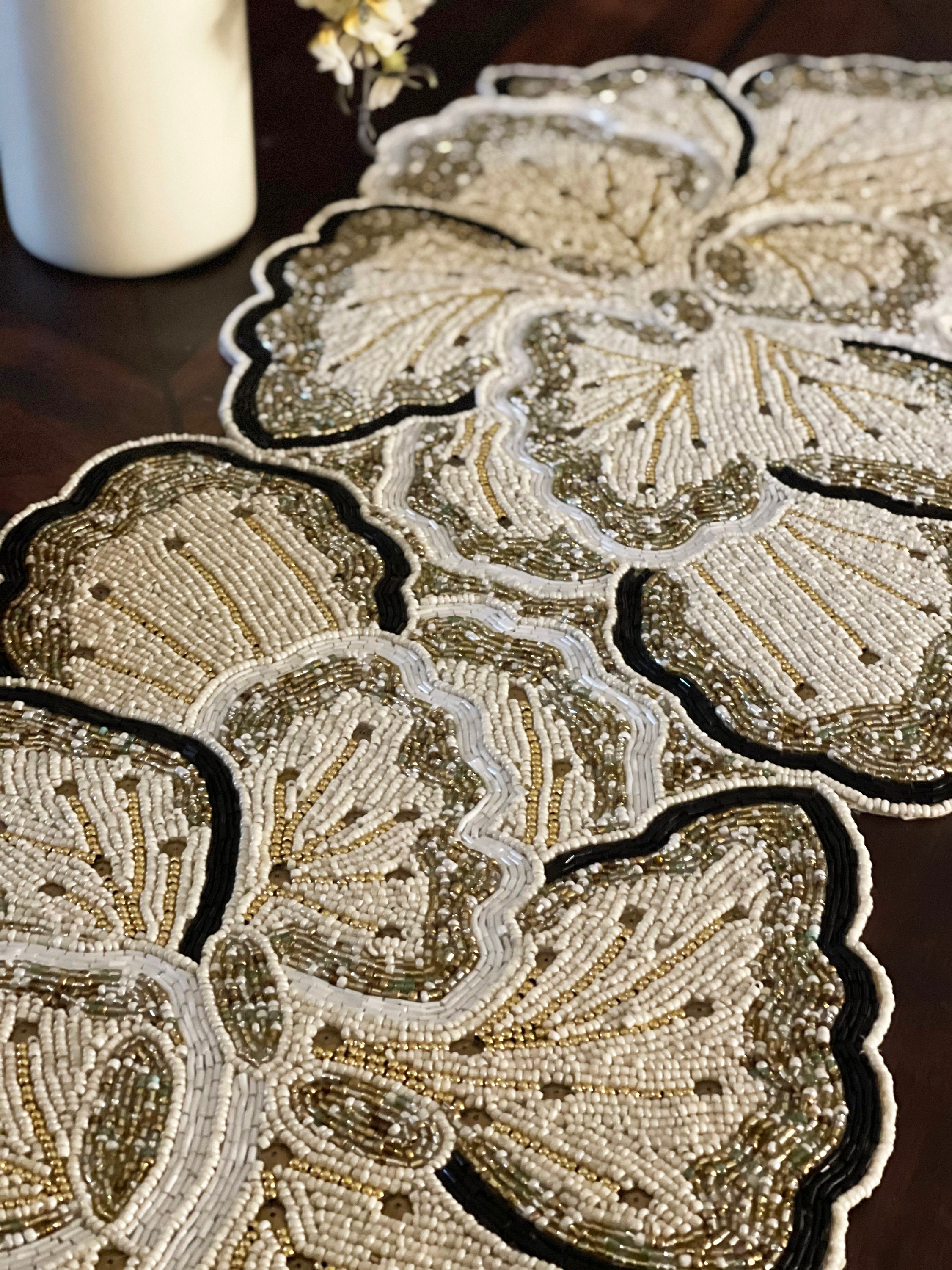 Handmade table runner beaded table runner cream gold Etsy