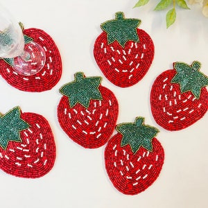 Set of 6 coasters, drink coasters, strawberry beaded coasters, gift for her, housewarming gift image 3