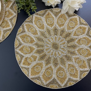 Handmade Beaded Placemat: Gold & Silver Charger Plate (14 inch)